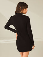 Turtleneck Long Sleeve Ribbed Knit Side Slit Mini Dress