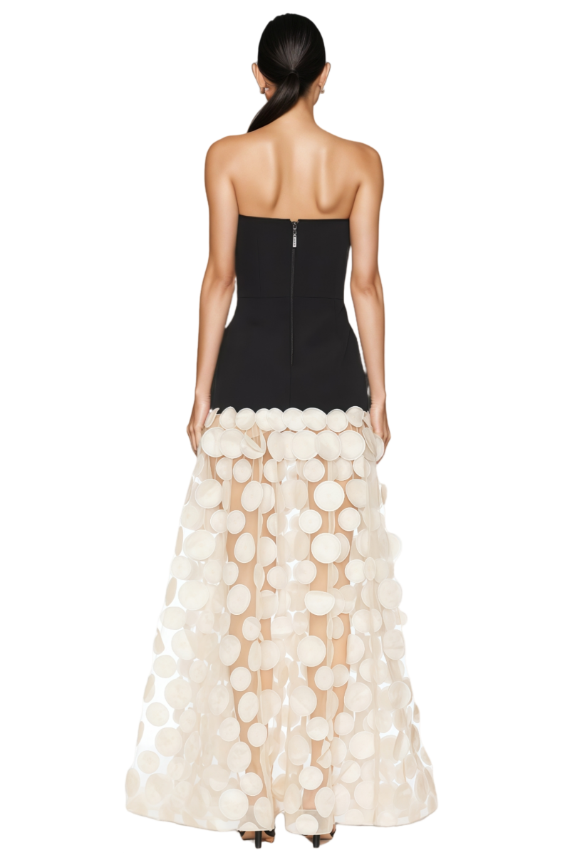 Hrinna Beige Polka Dot Mesh Maxi Dress