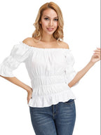 Half Sleeves Tees Black Pleated Off-The-Shoulder Women T Shirt