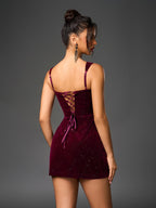 Backless Crisscross Tie Pocket Decoration Sequin Velvet Dress