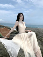 Halter Deep V-Neck Ruched Bodice Tiered Chiffon Maxi Dress