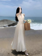 Halter Deep V-Neck Ruched Bodice Tiered Chiffon Maxi Dress