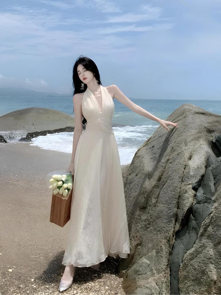 Halter Deep V-Neck Ruched Bodice Tiered Chiffon Maxi Dress