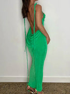 Halter Neck Ruched Spaghetti Strap Bodycon Maxi Dress