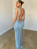Halter Neck Ruched Spaghetti Strap Bodycon Maxi Dress