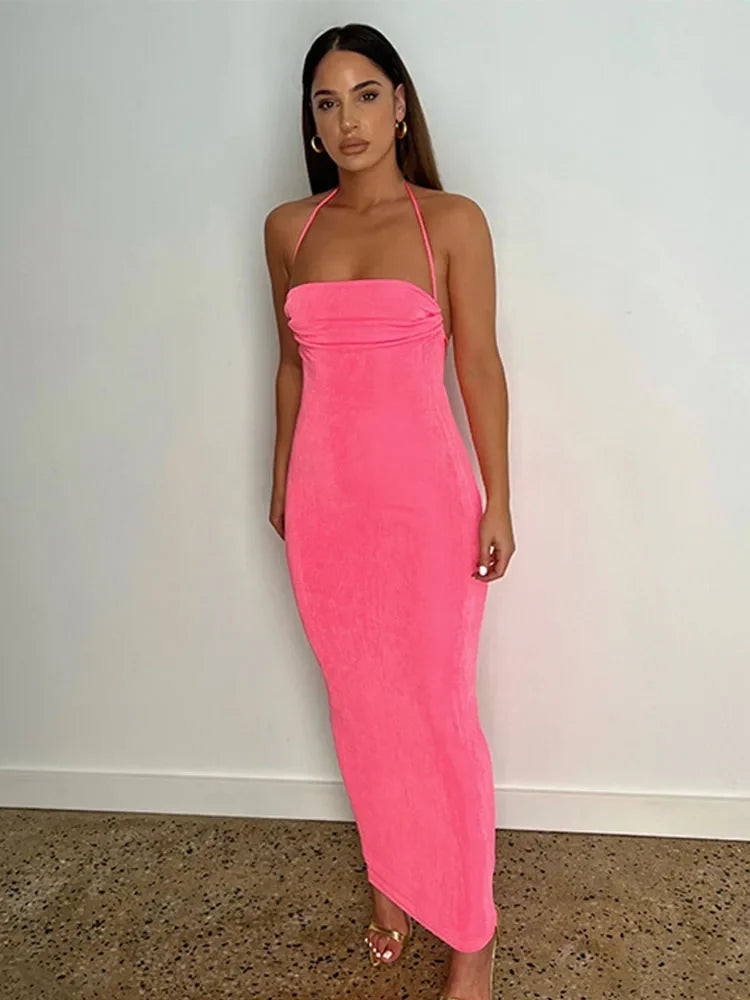 Halter Neck Ruched Spaghetti Strap Bodycon Maxi Dress