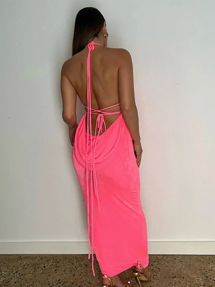 Halter Neck Ruched Spaghetti Strap Bodycon Maxi Dress