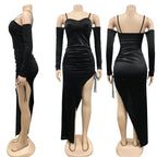 Satin Bustier Sweetheart Spaghetti Strap Detachable Sleeve Ruched High Split Midi Dress
