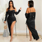 Satin Bustier Sweetheart Spaghetti Strap Detachable Sleeve Ruched High Split Midi Dress