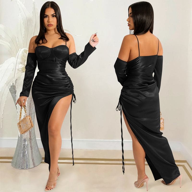 Satin Bustier Sweetheart Spaghetti Strap Detachable Sleeve Ruched High Split Midi Dress