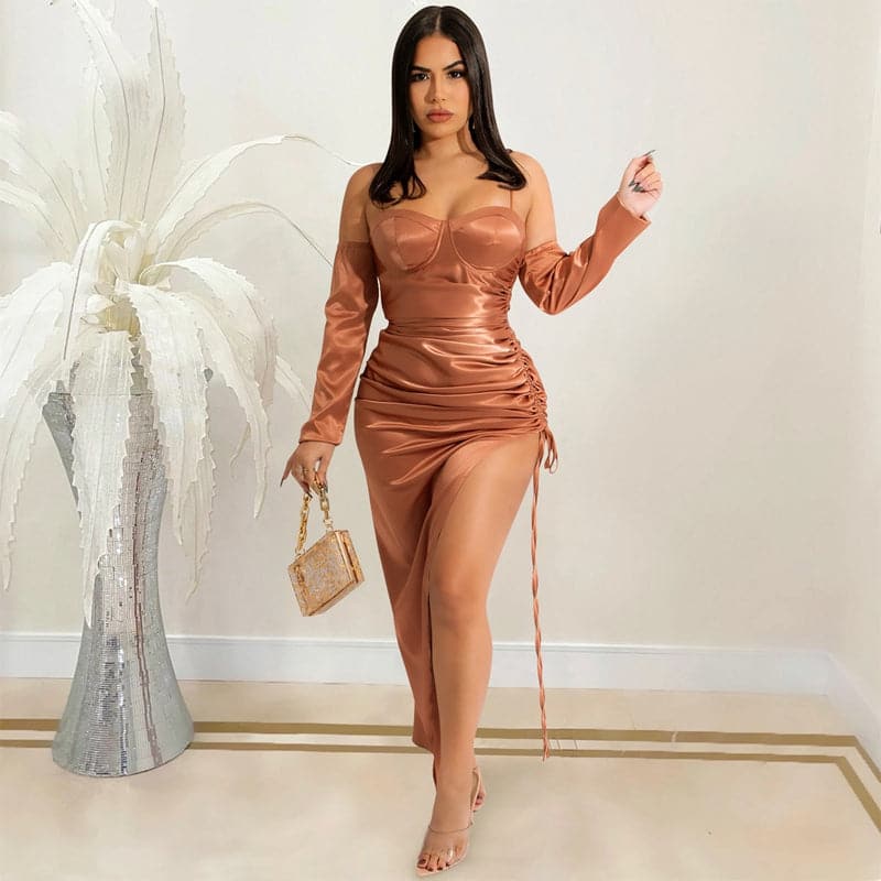 Satin Bustier Sweetheart Spaghetti Strap Detachable Sleeve Ruched High Split Midi Dress