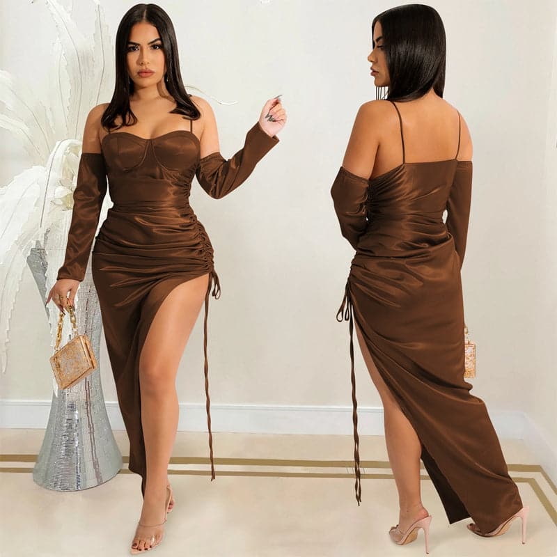 Satin Bustier Sweetheart Spaghetti Strap Detachable Sleeve Ruched High Split Midi Dress