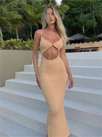 V Neck Ribbed Knit Circular Midriff Cutout Spaghetti Strap Bodycon Maxi Dress