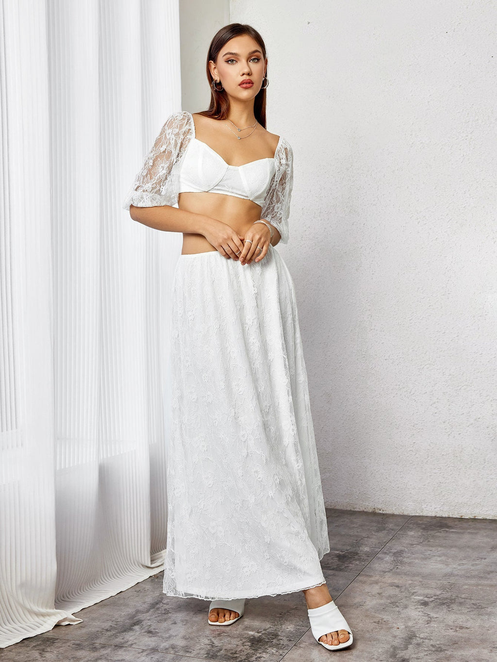 Backless Zipper Lace Crop Top&Lace A-Line Skirt