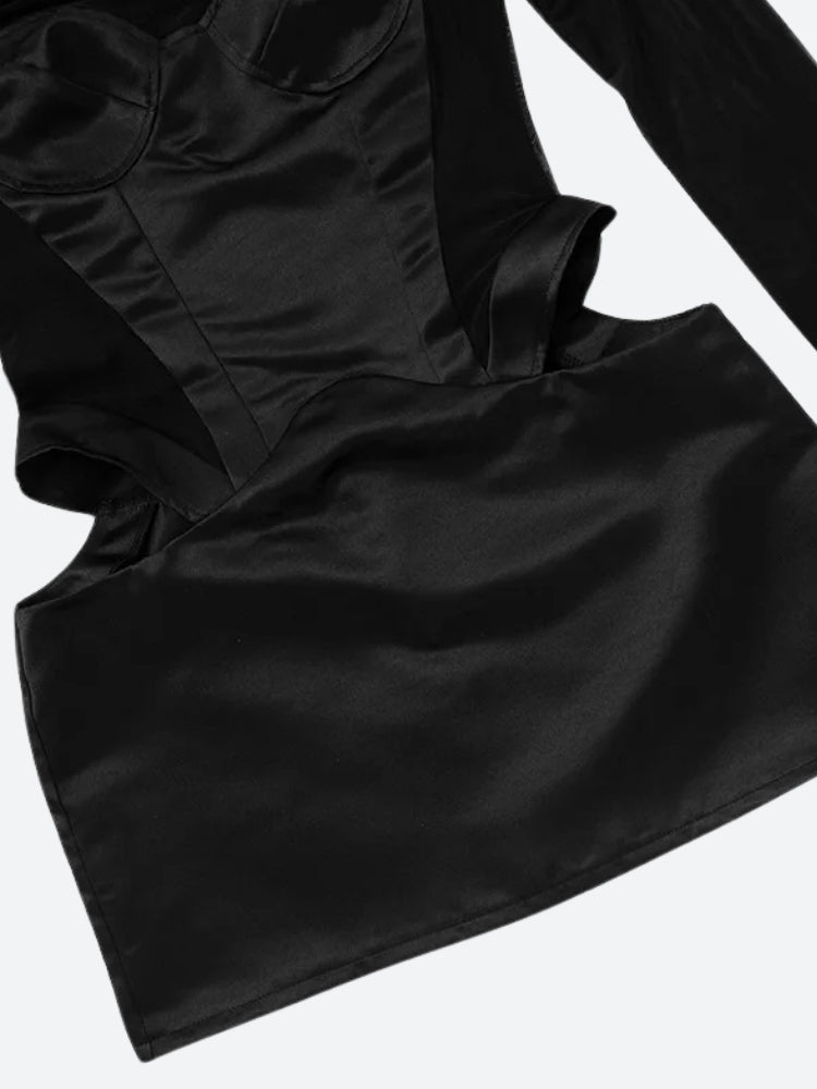 Mock Neck Sheer Mesh Corset Bodice Hip Cut Out Mini Dress