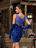 Sequin Mesh Panel Rhinestone Trim Sleeveless Bodycon Mini Dress