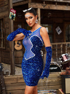 Sequin Mesh Panel Rhinestone Trim Sleeveless Bodycon Mini Dress