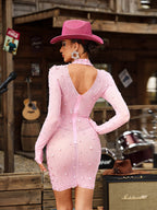 Mock Neck Keyhole Cutout Rhinestone Mesh Long Sleeve Mini Dress
