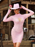 Mock Neck Keyhole Cutout Rhinestone Mesh Long Sleeve Mini Dress