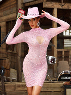 Mock Neck Keyhole Cutout Rhinestone Mesh Long Sleeve Mini Dress