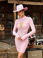 Mock Neck Keyhole Cutout Rhinestone Mesh Long Sleeve Mini Dress