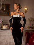 Off Shoulder Velvet Ruffle Rosette Applique Mermaid Maxi Dress