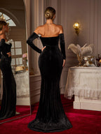 Off Shoulder Velvet Ruffle Rosette Applique Mermaid Maxi Dress