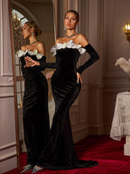Off Shoulder Velvet Ruffle Rosette Applique Mermaid Maxi Dress
