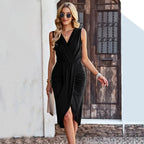 Surplice V-Neck Ruched Wrap Tulip Hem Knit Midi Dress