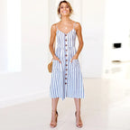 Tropical Print Spaghetti Strap Button Front Pocket Midi Dress