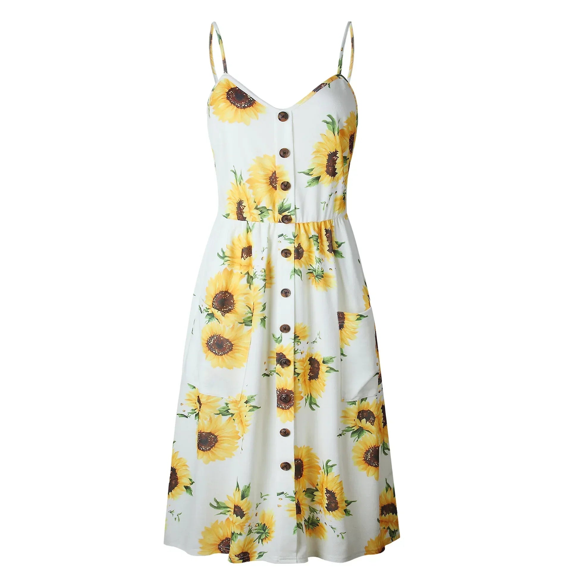 Pineapple Print Spaghetti Strap Button Front Pocket A-Line Midi Dress