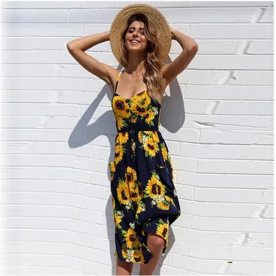 Tropical Print Spaghetti Strap Button Front Pocket Midi Dress