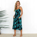 Tropical Pineapple Palm Leaf Print Button Front Pocket Midi Dress