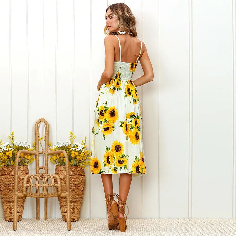 Tropical Pineapple Palm Leaf Print Button Front Pocket Midi Dress