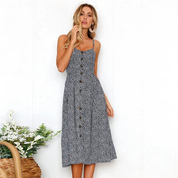 Tropical Pineapple Palm Leaf Print Button Front Pocket Midi Dress