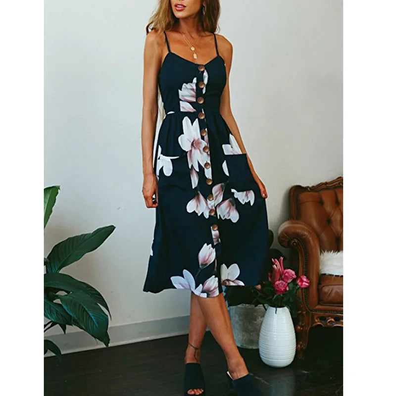 Tropical Print Spaghetti Strap Button Front Pocket Midi Dress