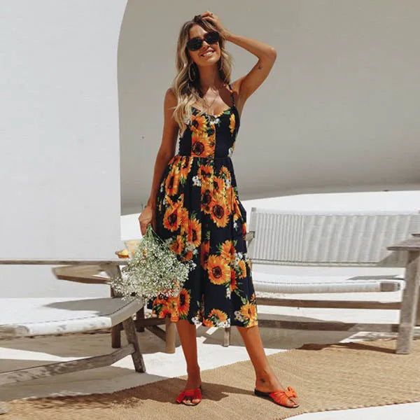 Tropical Print Spaghetti Strap Button Front Pocket Midi Dress