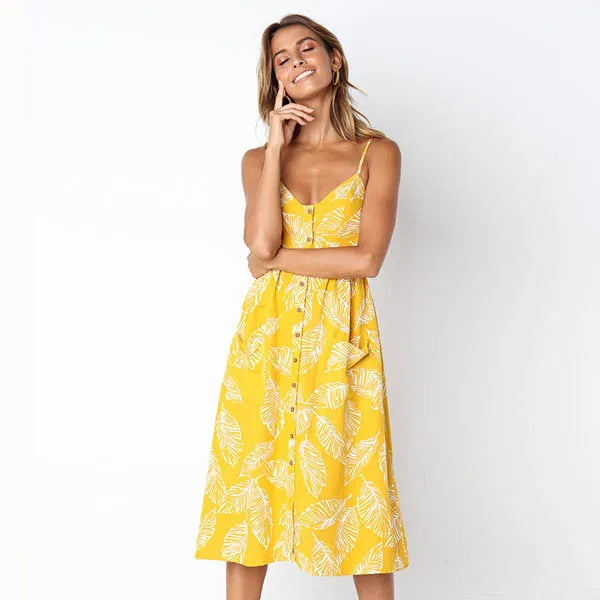 Tropical Pineapple Palm Leaf Print Button Front Pocket Midi Dress
