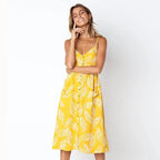 Tropical Pineapple Palm Leaf Print Button Front Pocket Midi Dress