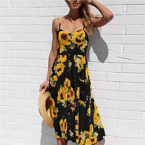 Tropical Print Spaghetti Strap Button Front Pocket Midi Dress