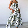 Tropical Print Spaghetti Strap Button Front Pocket Midi Dress