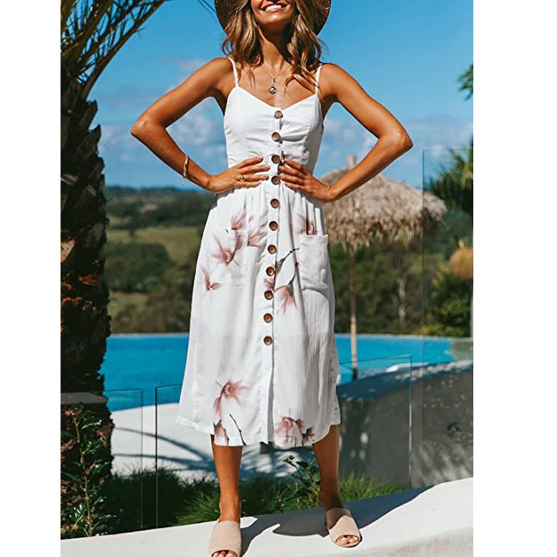 Tropical Pineapple Palm Leaf Print Button Front Pocket Midi Dress