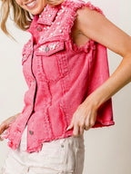 Blue Zone Planet | Beaded Sleeveless Buttoned Denim Top