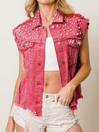 Blue Zone Planet | Beaded Sleeveless Buttoned Denim Top