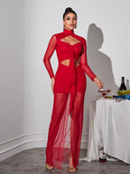 Mock Neck Mesh Long Sleeve Cutout Ruched Tiered Maxi Dress