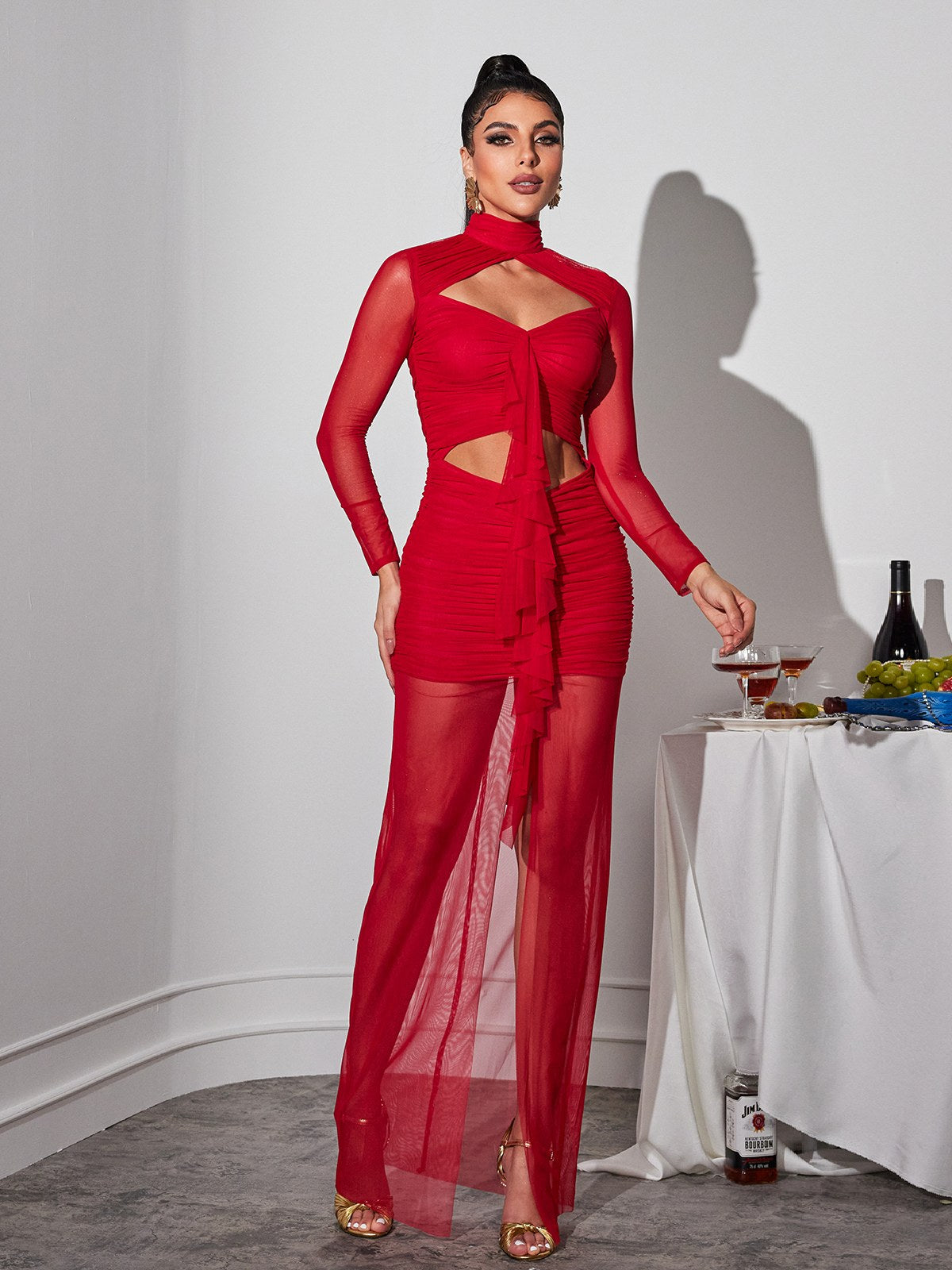 Mock Neck Mesh Long Sleeve Cutout Ruched Tiered Maxi Dress