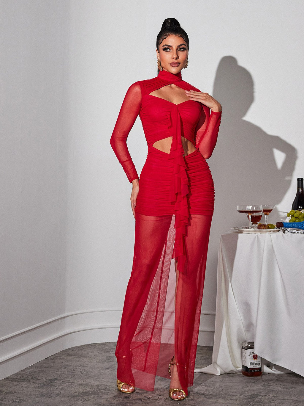 Mock Neck Mesh Long Sleeve Cutout Ruched Tiered Maxi Dress