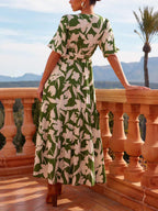 V - Neck Short - Sleeved Slit Printed Maxi Dress