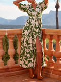V - Neck Short - Sleeved Slit Printed Maxi Dress