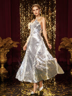 Sequin Halter Neck Asymmetric Ruffle Trim Backless Maxi Gown